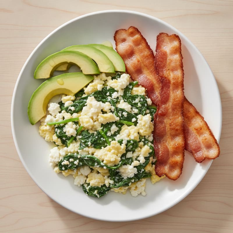 Cottage Cheese Egg Scramble with Spinach and Turkey Bacon