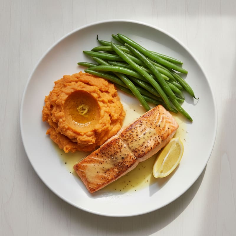 Seared Salmon with Steamed Green Beans and Mashed Sweet Potatoes