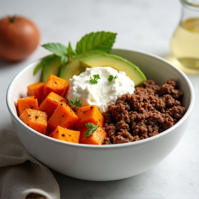 Ground Beef and Roasted Sweet Potato Bowl with Creamy Cottage Cheese and Avocado
