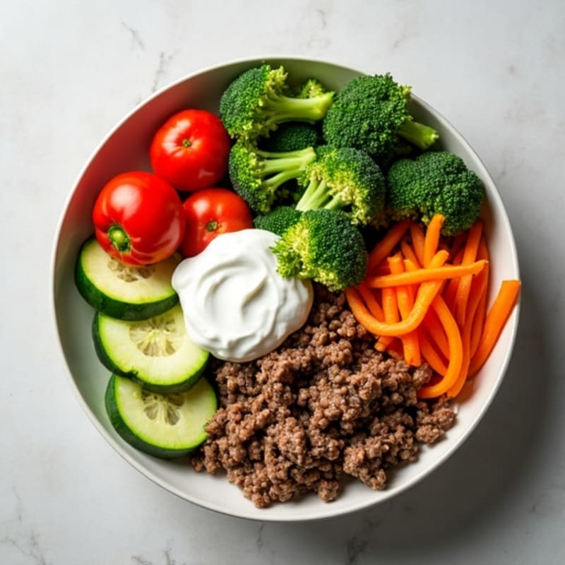 Lean Ground Beef and Crispy Veggie Bowl with Creamy Dill Dressing
