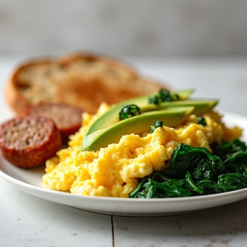 Scrambled Eggs with Turkey Sausage and Sautéed Spinach