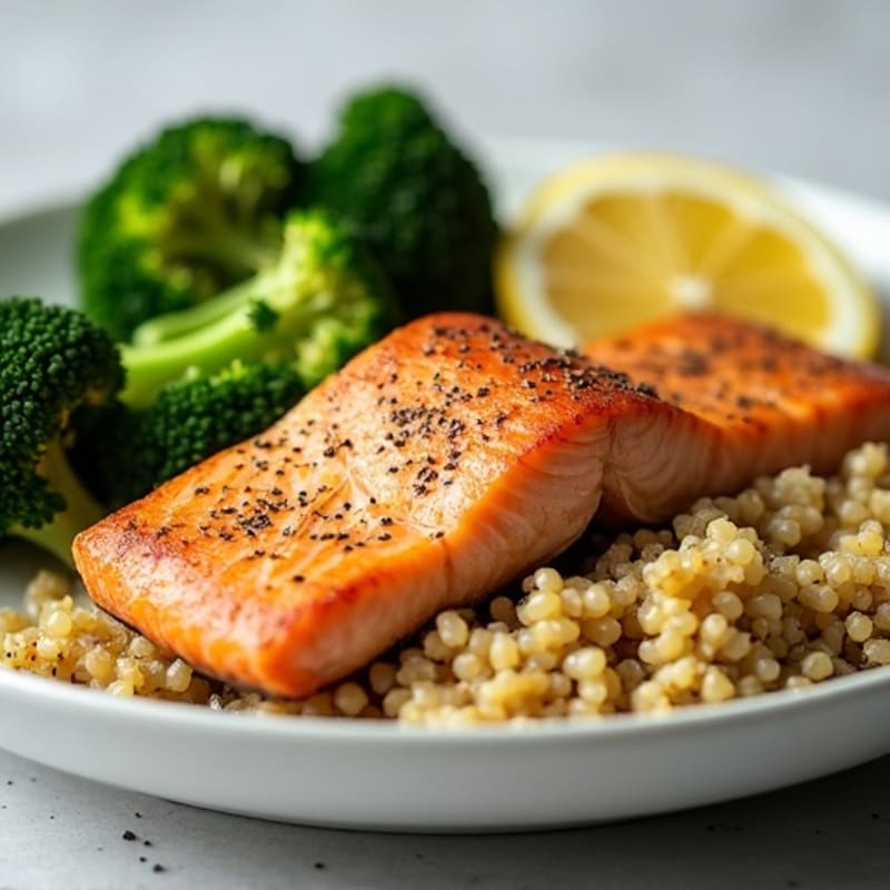 Seared Salmon Fillet with Steamed Broccoli and Quinoa