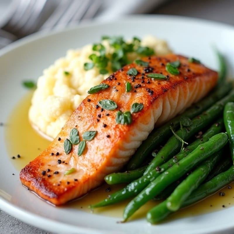 Seared Salmon with Garlic Green Beans and Cauliflower Mash