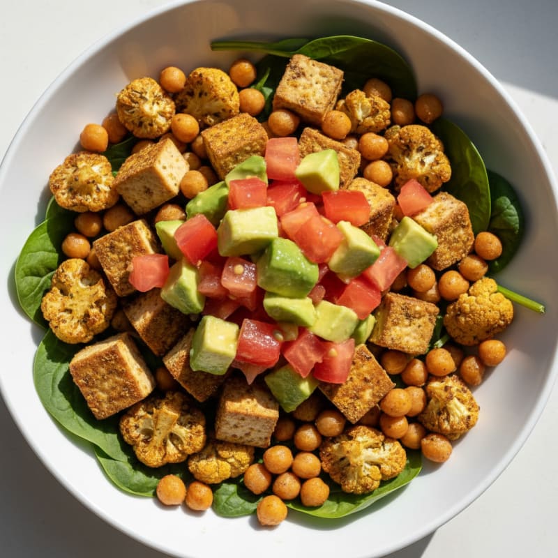Herb-Roasted Cauliflower and Chickpea Bowl with Fresh Tomato and Avocado Salsa