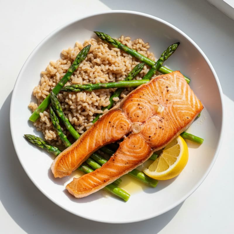Seared Salmon with Steamed Asparagus and Brown Rice