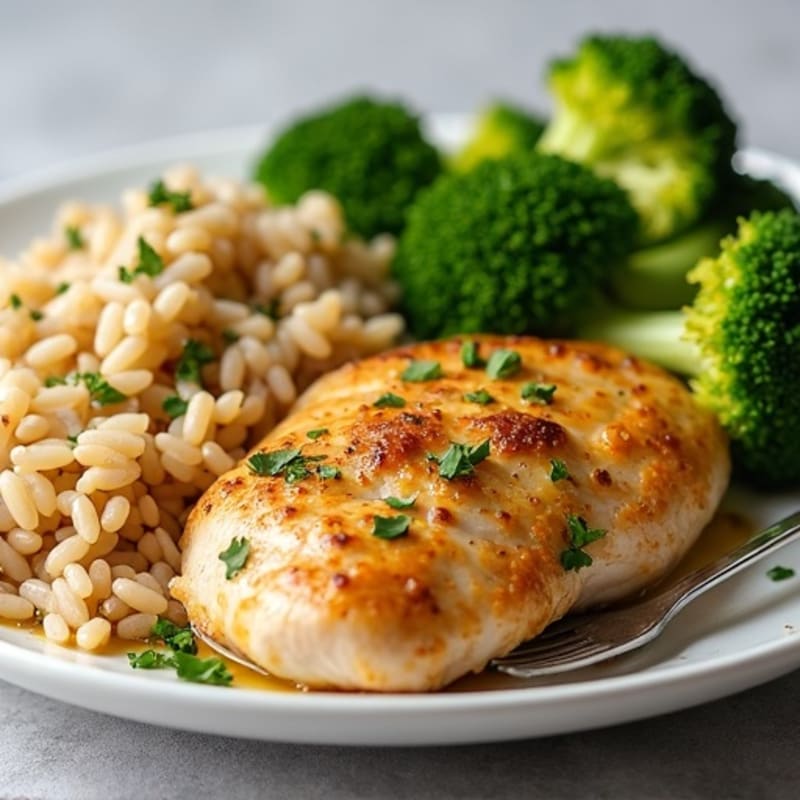 Garlic Herb Chicken with Fluffy Brown Rice and Crispy Roasted Broccoli