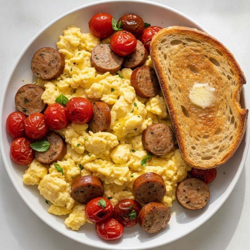 Creamy Scrambled Eggs with Chicken Sausage and Roasted Cherry Tomatoes