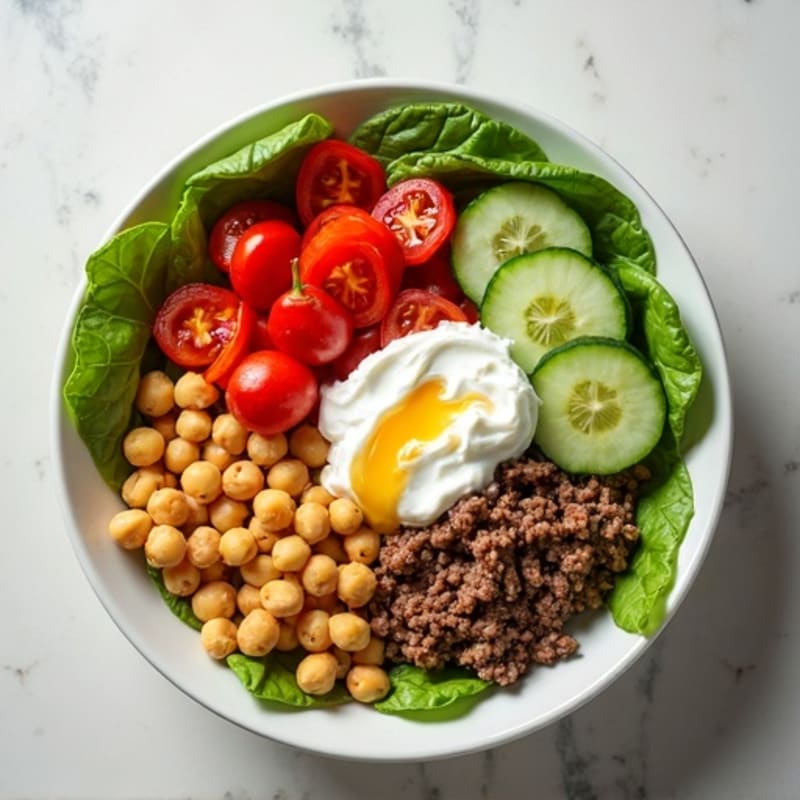Lean Ground Beef and Fresh Vegetable Bowl with Creamy Tangy Dressing