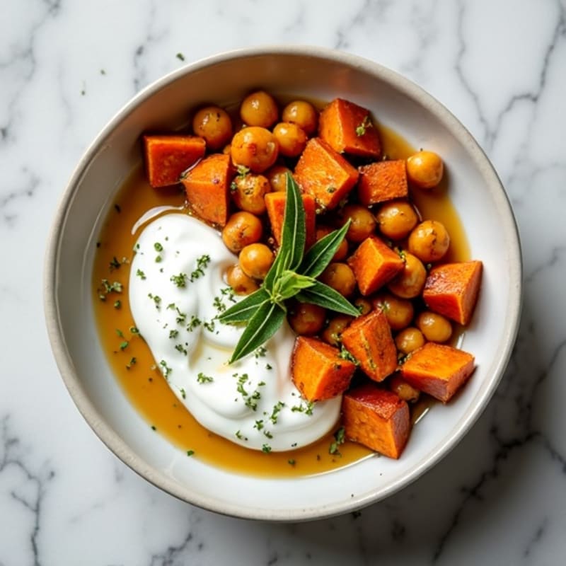 Herb-Roasted Sweet Potato with Greek Yogurt and Crispy Chickpeas