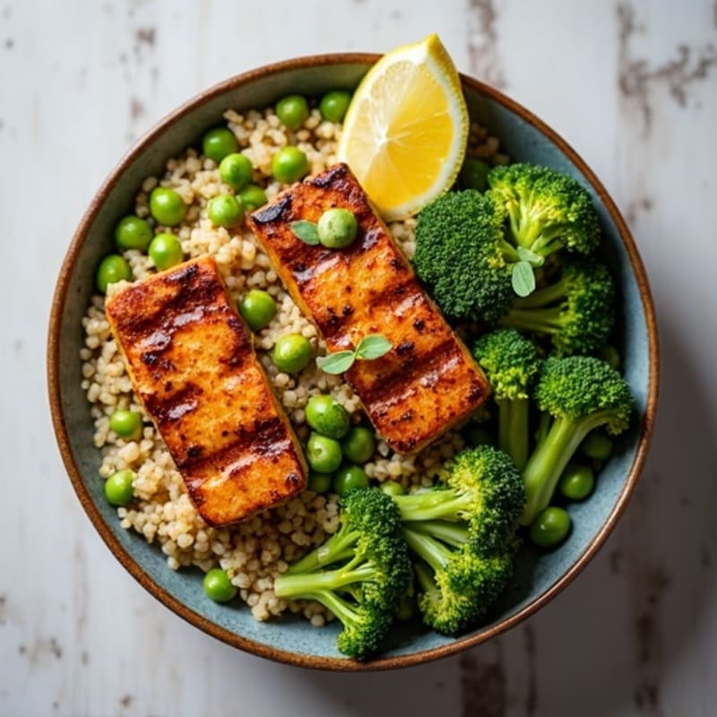 Grilled Tempeh and Quinoa Bowl with Roasted Broccoli