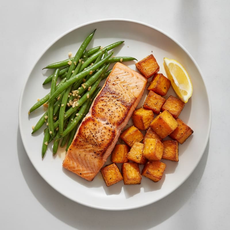 Seared Salmon with Garlic Green Beans and Roasted Sweet Potatoes