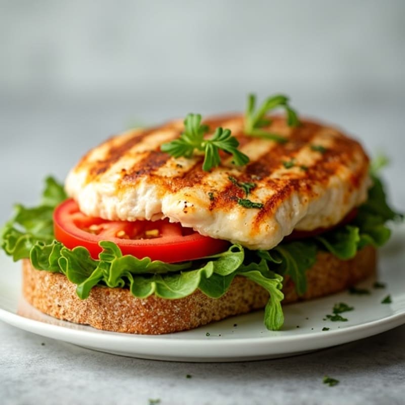Grilled Chicken Breast Sandwich on Whole Grain Bread with Leafy Greens