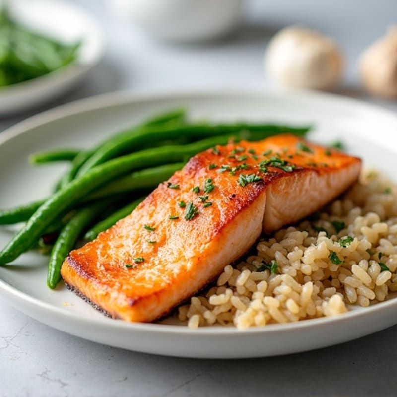 Seared Salmon with Garlic Green Beans and Brown Rice