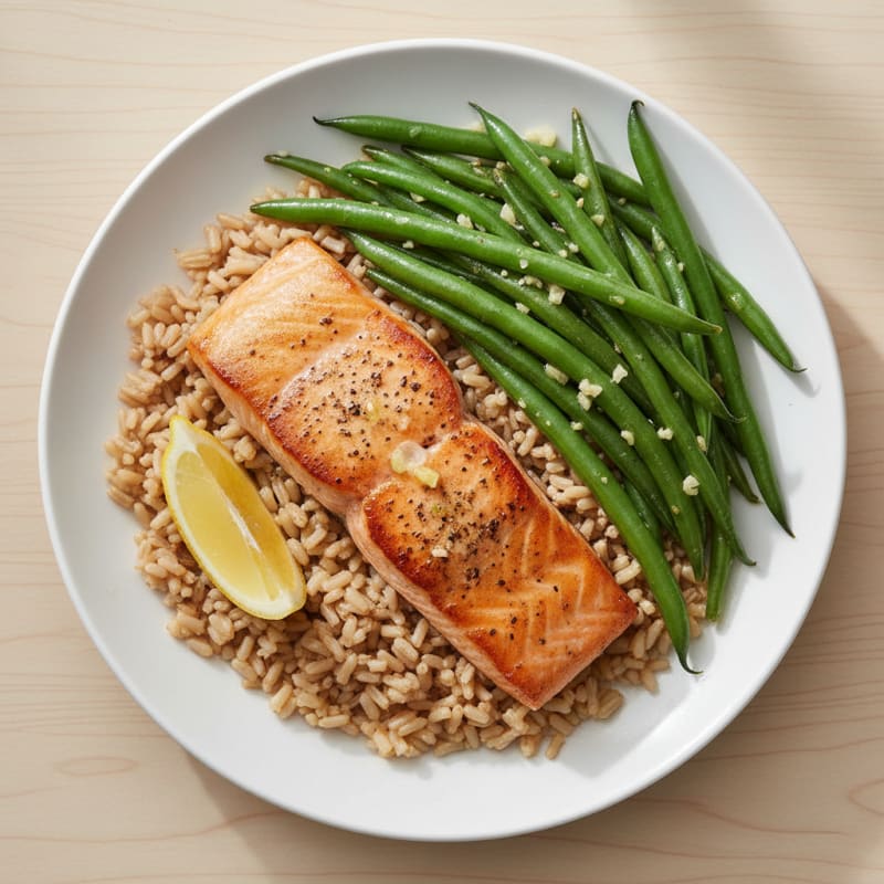 Seared Salmon Fillet with Garlic Green Beans and Brown Rice