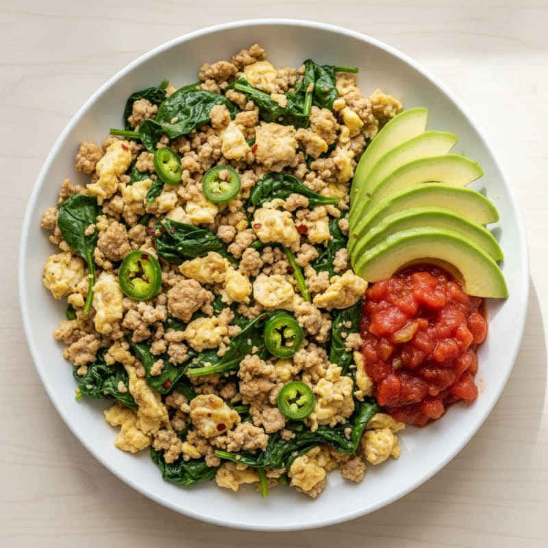 Spicy Scrambled Egg Whites with Sautéed Spinach and Turkey