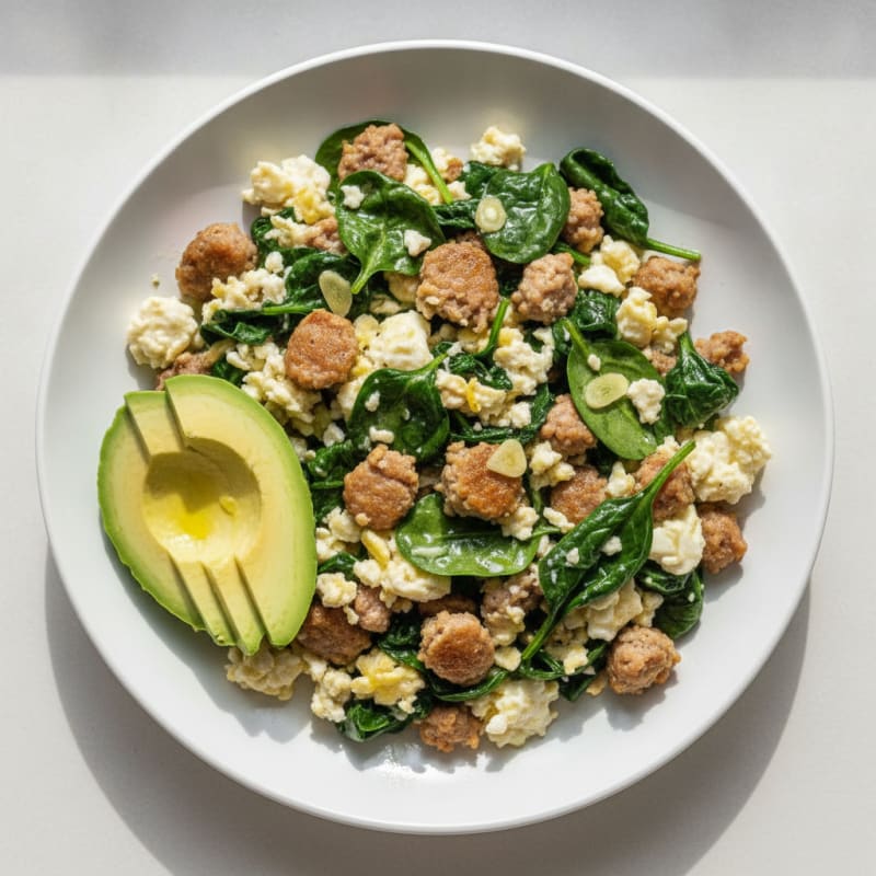 Egg White Scramble with Turkey Sausage and Sautéed Spinach