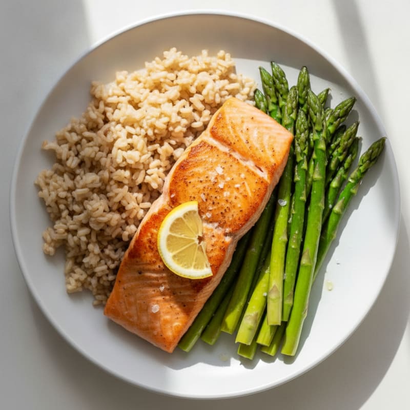 Seared Salmon with Steamed Asparagus and Brown Rice