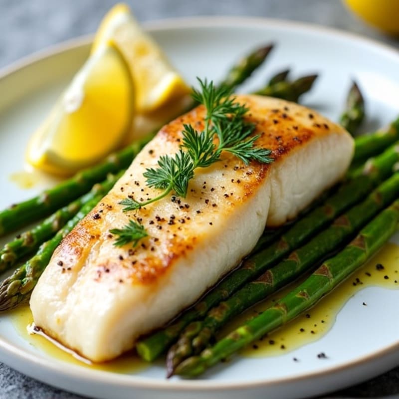 Citrus-Herb Pan-Seared Halibut with Roasted Asparagus and Zesty Lemon Vinaigrette