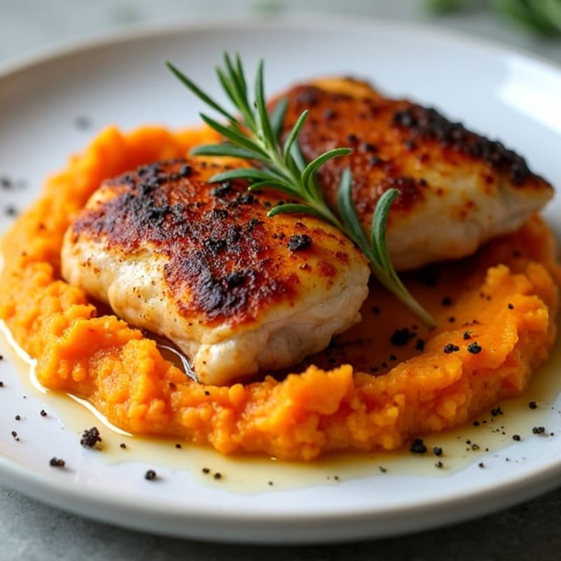 Crispy Herb-Roasted Chicken Thighs with Sweet Potato Mash