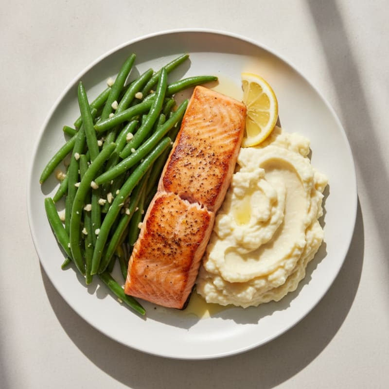 Seared Salmon with Garlic Green Beans and Mashed Cauliflower