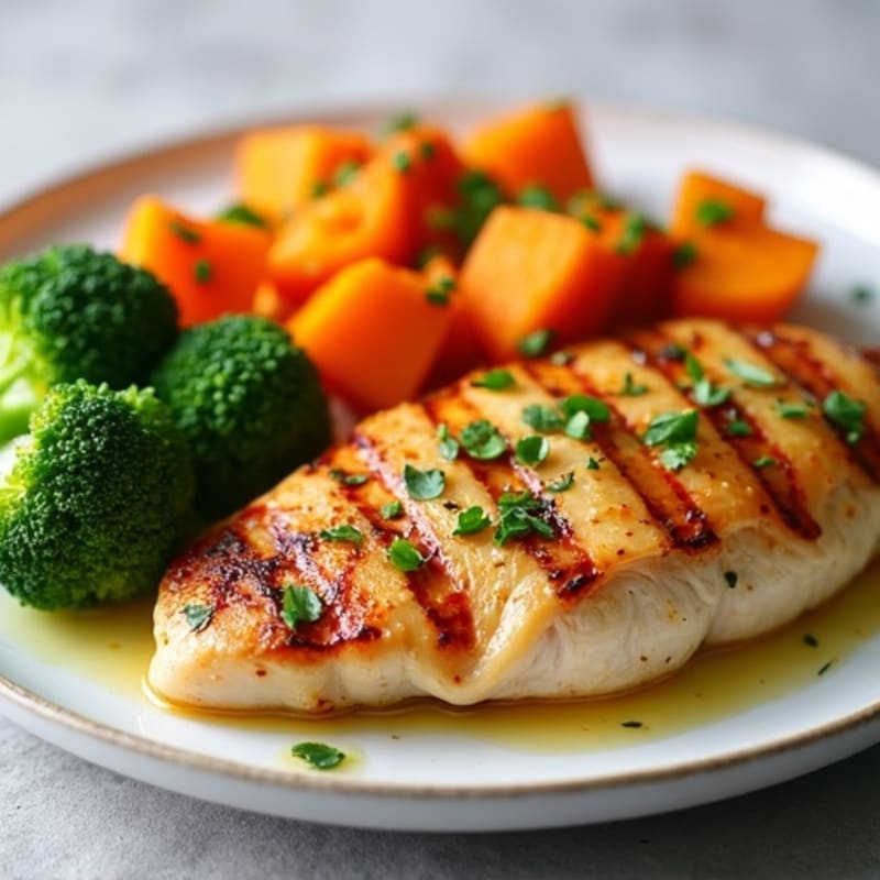 Grilled Chicken Breast with Roasted Sweet Potato and Steamed Broccoli