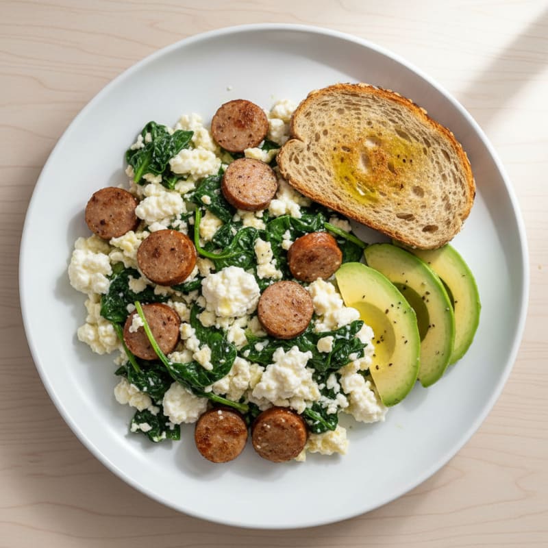 Egg White and Turkey Sausage Scramble with Spinach and Cottage Cheese