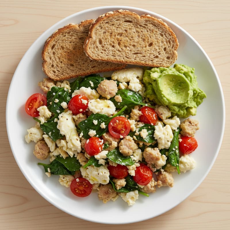 Egg White and Turkey Sausage Scramble with Spinach and Tomatoes
