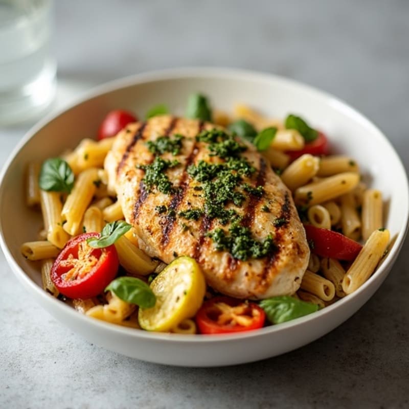 Chicken Pesto Whole Wheat Pasta with Roasted Veggies