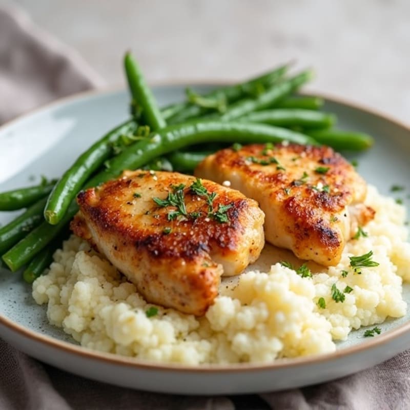 Seared Chicken Thighs with Garlic Green Beans and Mashed Cauliflower