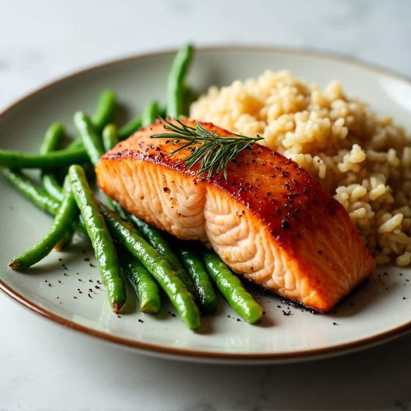 Seared Salmon with Garlic Green Beans and Brown Rice