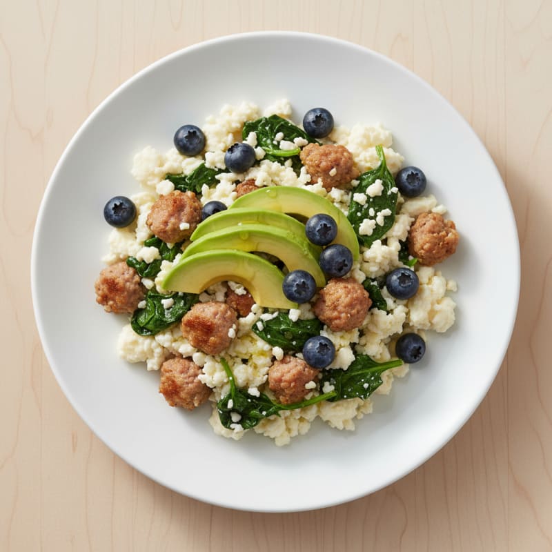 Egg White Scramble with Turkey Sausage and Sautéed Spinach