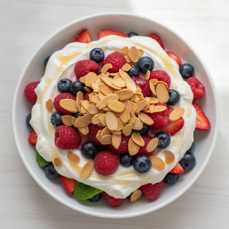 Greek Yogurt Protein Parfait with Mixed Berries and Almonds