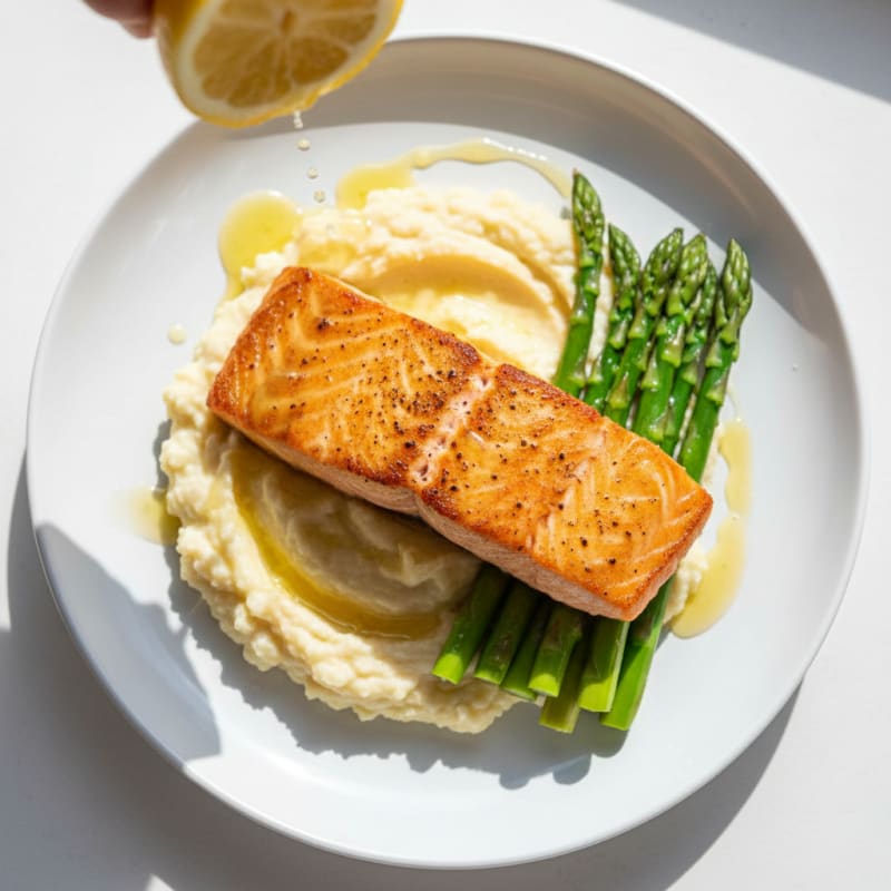 Seared Salmon with Steamed Asparagus and Cauliflower Mash