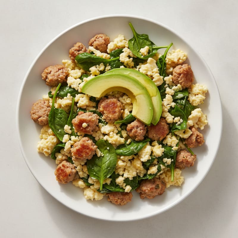 Egg White and Turkey Sausage Scramble with Sautéed Spinach