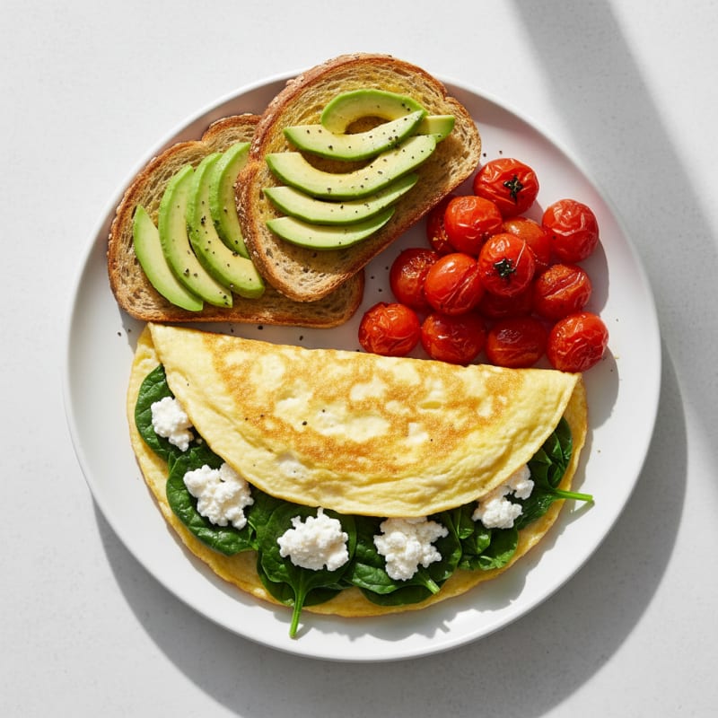 Egg White Spinach Omelet with Cottage Cheese and Cherry Tomatoes