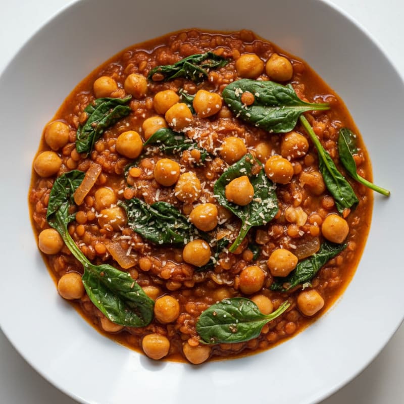 Lentil and Chickpea Stew with Wilted Spinach