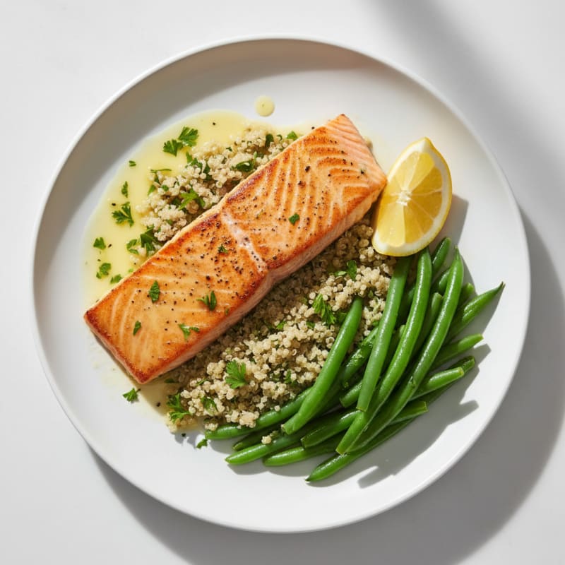 Seared Salmon Fillet with Steamed Green Beans and Herb Quinoa
