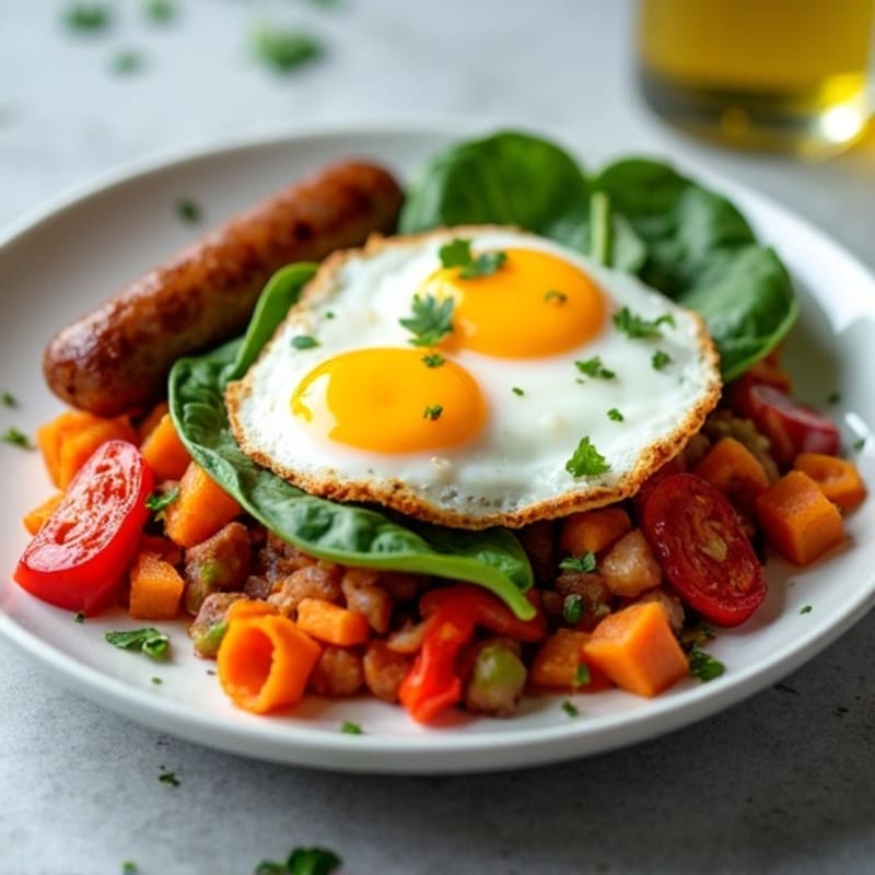 Sweet Potato Hash with Fried Eggs and Turkey Sausage