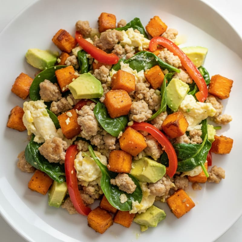 Egg White and Turkey Sausage Scramble with Roasted Sweet Potatoes