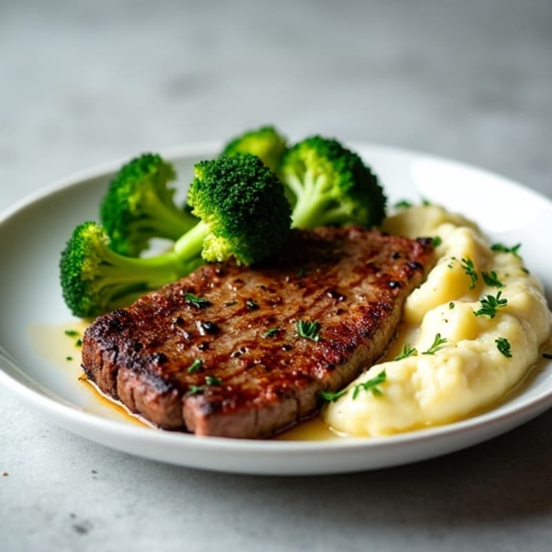 Seared Lean Beef Strips with Steamed Broccoli and Cauliflower Mash