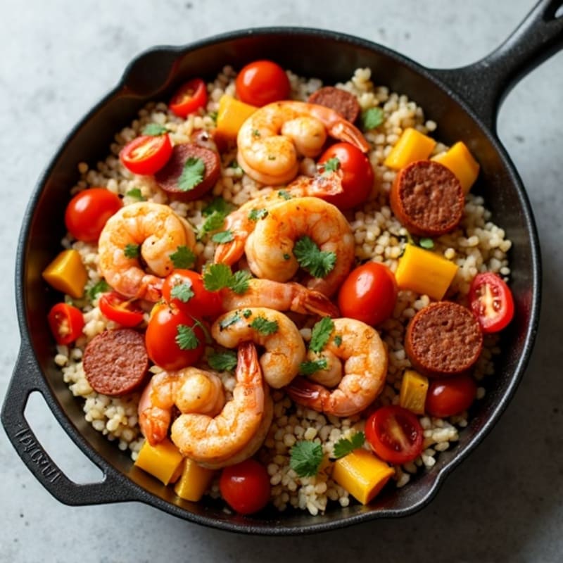 Hearty Spicy Chicken, Shrimp, and Sausage Rice Skillet