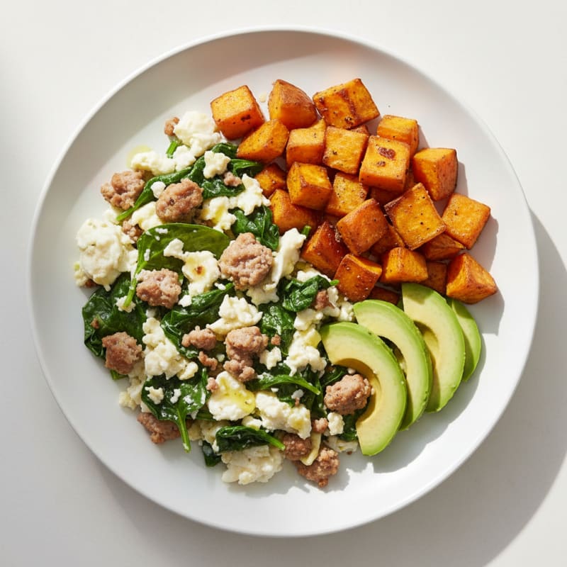 Egg White and Turkey Sausage Scramble with Spinach and Roasted Sweet Potato