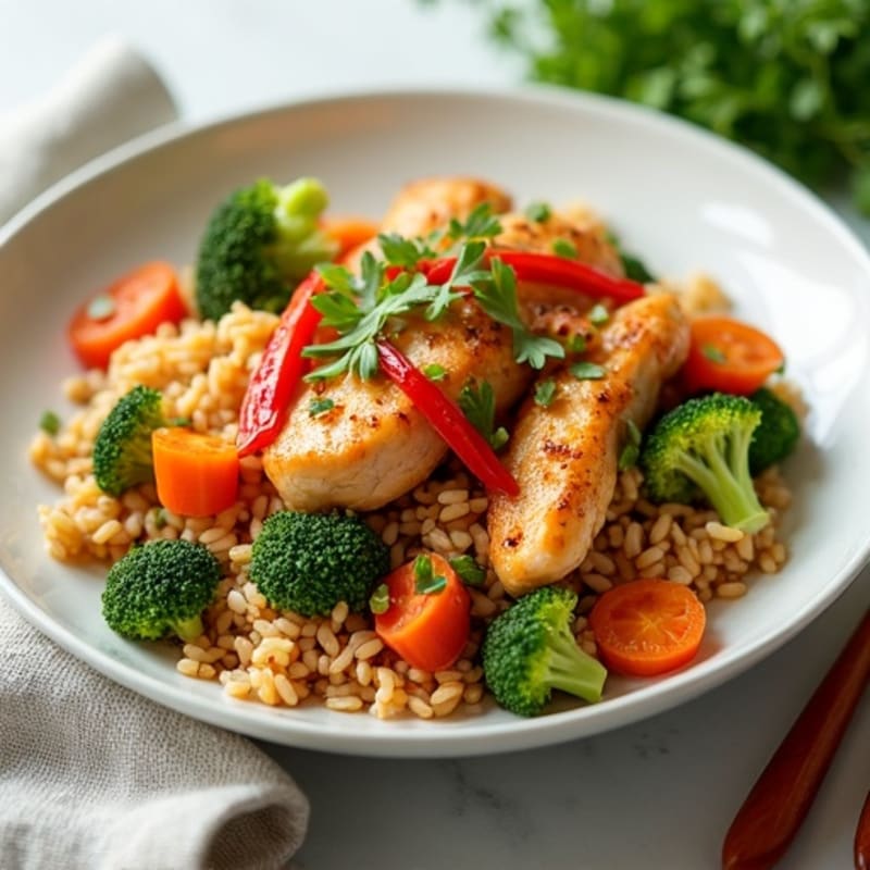 Crispy Chicken and Vegetable Stir-Fried Brown Rice