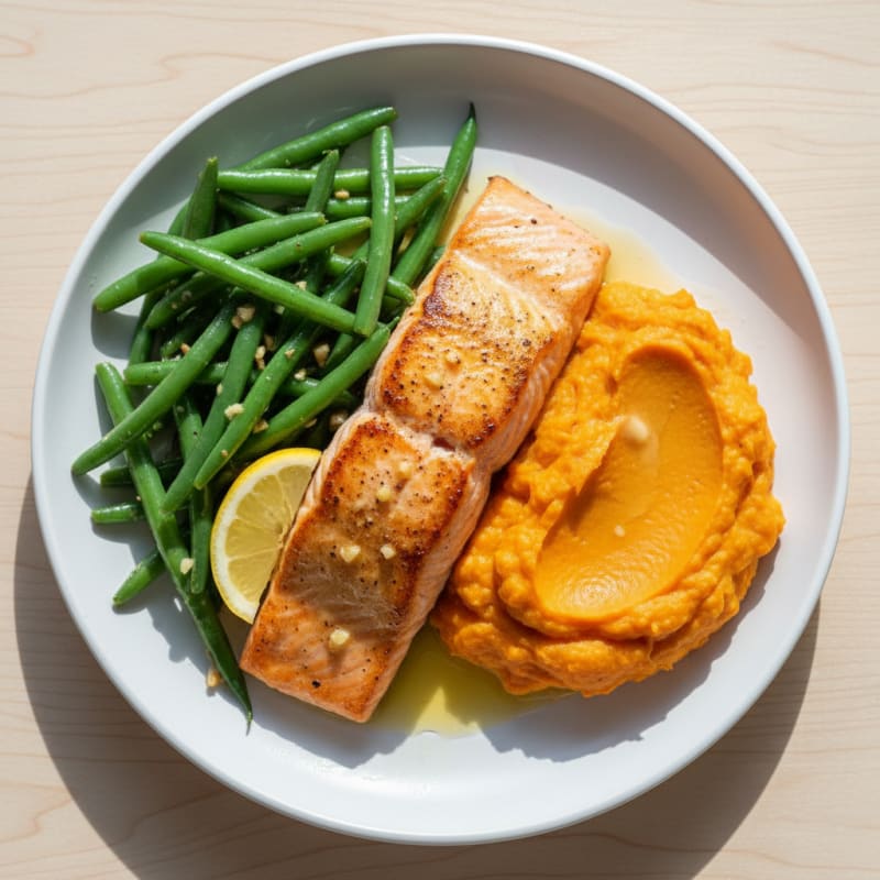 Seared Salmon with Garlic Green Beans and Sweet Potato Mash