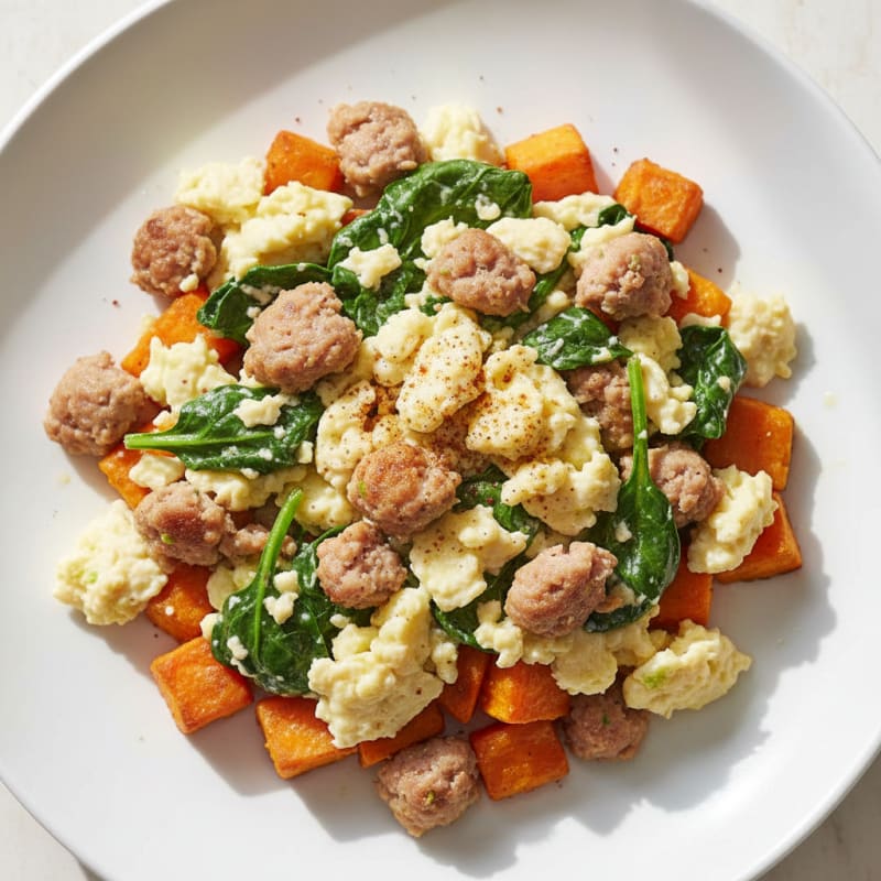 Egg White and Turkey Sausage Scramble with Spinach and Roasted Sweet Potato