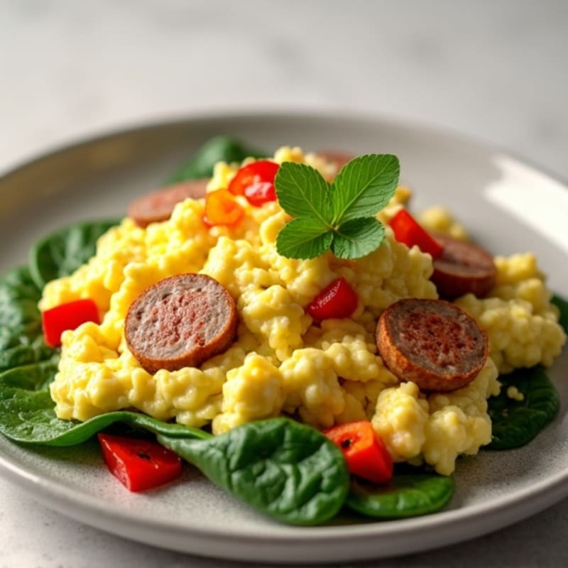 Egg White Scramble with Chicken Sausage and Spinach