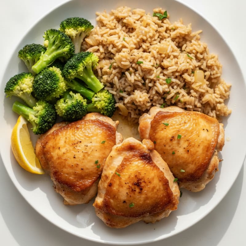 Seared Chicken Thighs with Steamed Broccoli and Brown Rice Pilaf