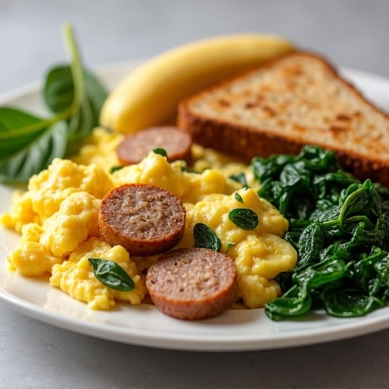 Egg White and Turkey Sausage Scramble with Sautéed Spinach