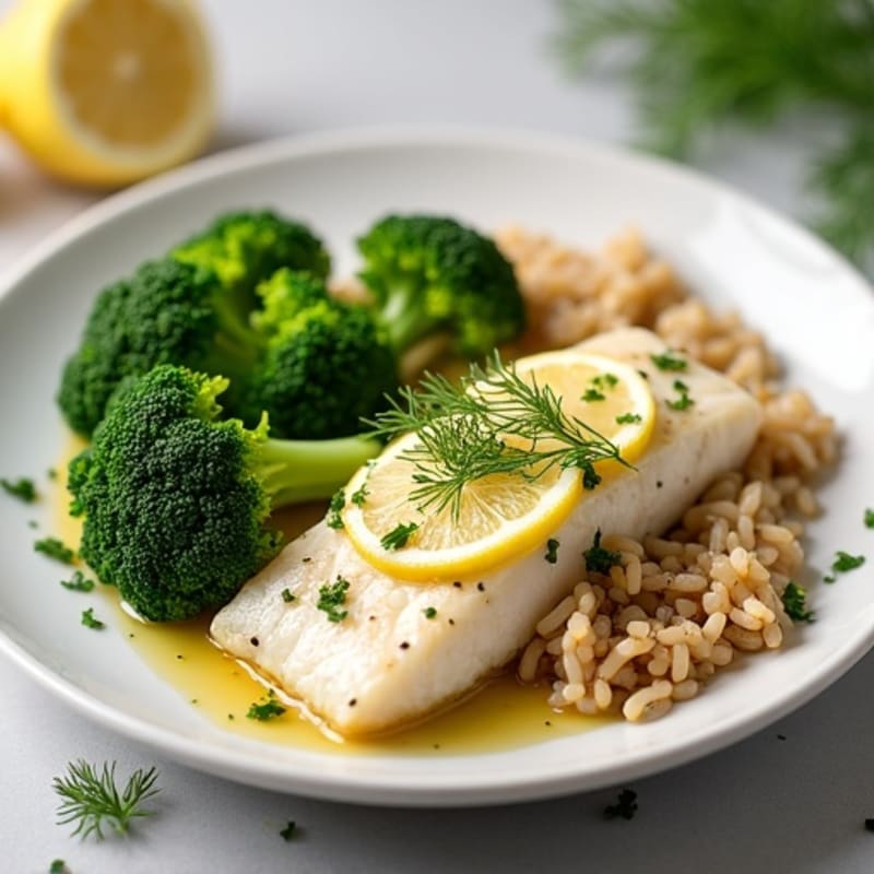 Lemon Herb Baked Cod with Steamed Broccoli and Brown Rice