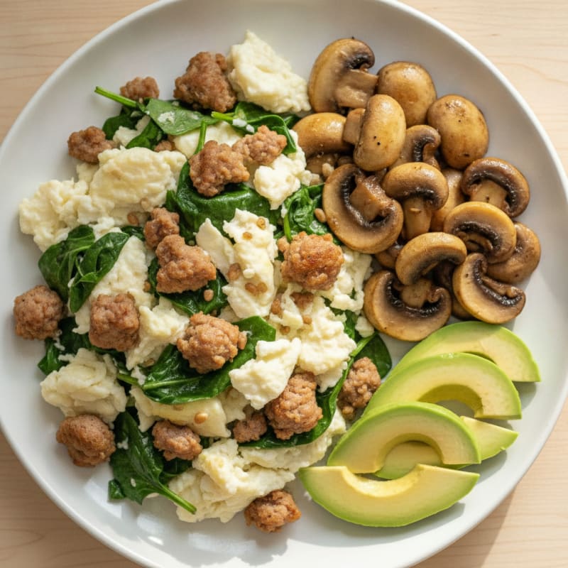 Egg White and Spinach Scramble with Turkey Sausage and Sautéed Mushrooms